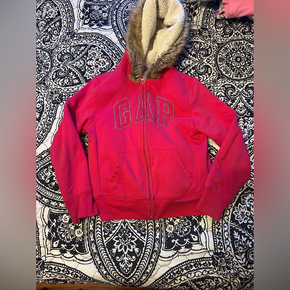 GAP Girls Bright Pink Zip-Up Hoodie with Faux Fur Trim